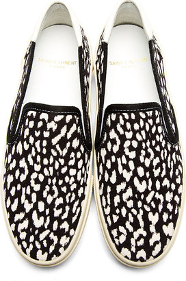 Saint Laurent Black & White Babycat Print Slip-On Shoes