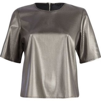 River Island Silver perforated leather-look boxy t-shirt