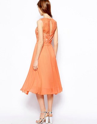 Warehouse Mesh Lace Bodice Pleat Skirt Dress