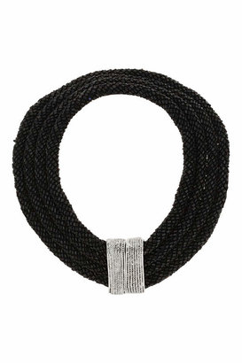 Topshop Freedom at 100% metal. Four row black beaded collar with silver-look magnetic clasp at the front. unfastened length 15 inches.