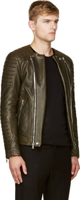 Balmain Olive Green Leather Classic Biker Jacket