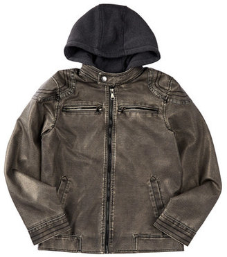 Urban Republic Fleece Hooded Distressed Faux Leather Moto Jacket (Big Boys)