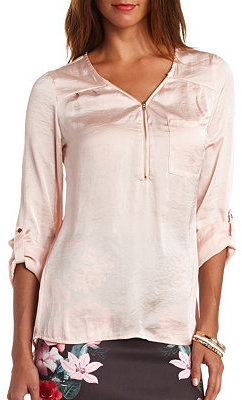 Charlotte Russe Washed Satin Zip-Up Tunic Top