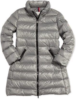 Moncler Moka Long Quilted Puffer Coat, Silver, Sizes 8-14