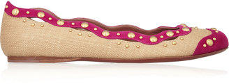 Alaia Studded raffia-effect and suede ballet flats