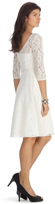 White House Black Market 3/4 Sleeve Lace Belted Fit and Flare Ecru Dress