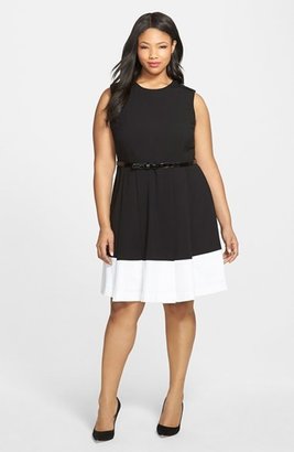 Calvin Klein Belted Colorblock Fit & Flare Dress (Plus Size)