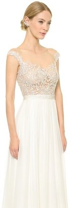 Reem Acra Juliet Embroidered Illusion Off Shoulder Gown