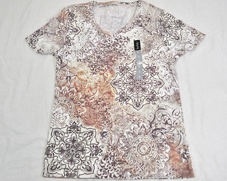 Nicole Miller NEW Womens Short Sleeve V Neck T Shirt Paisley Top Beige Small