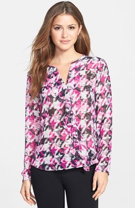 Chaus Houndstooth Print Ruffle Front Blouse