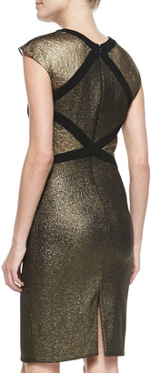 Badgley Mischka Cap-Sleeve Two-Texture Metallic Cocktail Dress