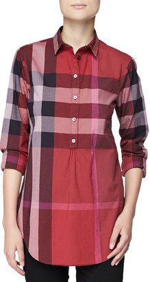 Burberry Long-Sleeve Half-Button Check Top, Berry Red