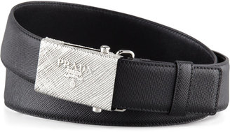 Prada Printed Buckle Saffiano Leather Belt, Black