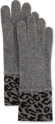 Portolano Leopard-Print Soft Knit Gloves, Gray/Black