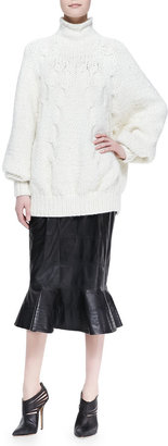 Oscar de la Renta Leather Midi Skirt with Peplum Flare, Black