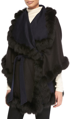 Sofia Cashmere Fox Fur-Trimmed Reversible Belted Cape, Blue/Black