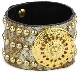 Streets Ahead 1 1/2" Embossed Gold Italian Leather Combo Studs with Cuff Bracelet