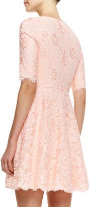 Monique Lhuillier ML Elbow-Sleeve Lace Cocktail Dress