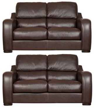 Debenhams Set of 2 medium chocolate brown leather 'Berber' sofas with dark wood feet