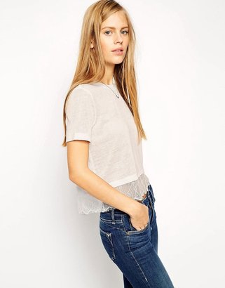 ASOS Cropped T-Shirt In Textured Fabric With Lace Hem
