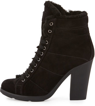 Prada Linea Rossa Suede Lace-Up Ankle Boot with Faux-Fur Lining, Nero