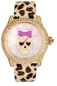 Betsey Johnson Stone Encrusted Skull Stone Set Dial, Leopard Print Patent Leather Strap Ladies Watch