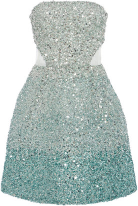 Monique Lhuillier Ombre Ocean Blue Embroidered Strapless Dress