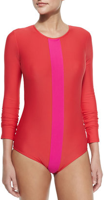 Cover Long-Sleeve One-Piece Swimsuit, Red/Fuchsia