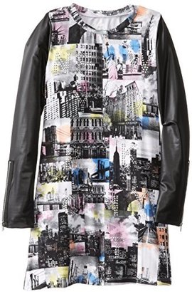 Flowers by Zoe Big Girls' All Over City Scape Dress with Pleather Sleeves