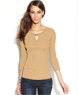 INC International Concepts Long-Sleeve Ribbed-Knit Keyhole Sweater