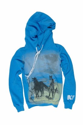 Rebel Yell Airbrushed Horses Pullover Hoodie in Neon Blue