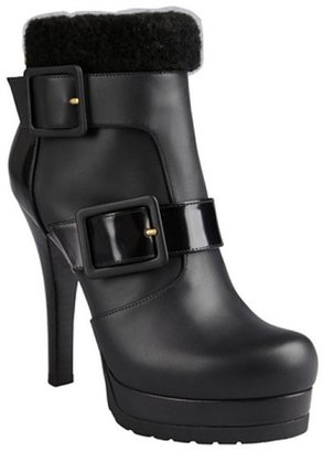 Fendi black leather and shearling trim dual buckle platform ankle boots