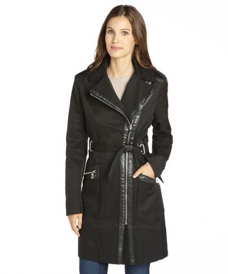 Via Spiga black cotton blend faux leather trimmed belted trench