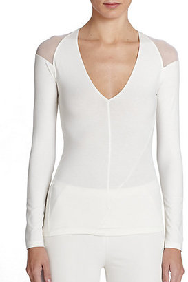 Donna Karan Mesh-Shoulder V-Neck Sweater