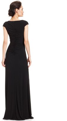 JS Boutique Cap-Sleeve Beaded Side-Slit Gown