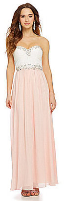 B. Darlin Colorblocked Strapless Beaded Gown