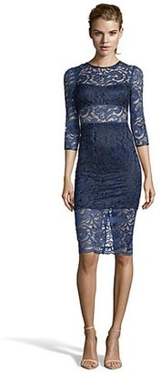 ABS by Allen Schwartz navy lace faux leather trimmed illusion cutout dress