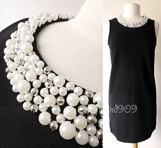 Forever 21 NEW Black/Faux Pearl Beads Neckline Sleeveless Classic Shift Dress