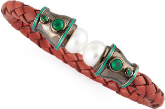 MCL by Matthew Campbell Laurenza Pearl-Capped Woven Leather Cuff, Red/Mint
