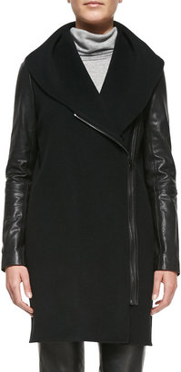 Vince Leather-Sleeve Shawl-Collar Coat, Black