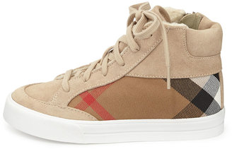 Burberry Canvas/Suede High-Top Sneaker, Stone, Youth