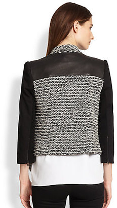 Alice + Olivia Burma Leather-Paneled Draped Tweed Jacket