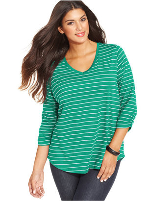 Style&Co. Plus Size Three-Quarter-Sleeve Striped Top