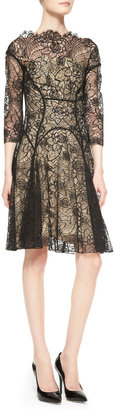 Lela Rose 3/4-Sleeve Lace Godet Dress