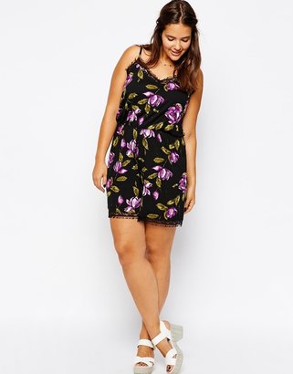 ASOS CURVE Exclusive Playsuit In Rose Print With Lace Trim