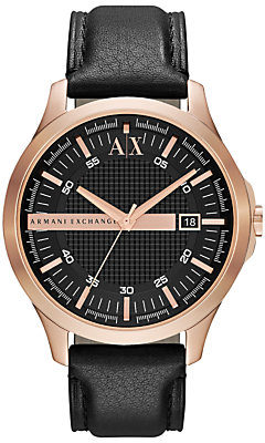 Armani Exchange AX2129 Men's Date Rose Gold Plated Leather Strap Watch, Black