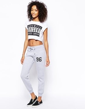Daisy Street Quilted Joggers With Number Applique - Grey