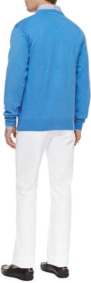 Peter Millar Cotton/Cashmere V-Neck Sweater, Mini-Check Sport Shirt & 5-Pocket Stretch-Cotton Trousers