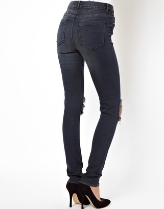 ASOS Ridley High Waist Ultra Skinny Jean in Warm Charcoal Blue with Busted Knees