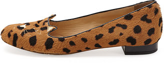 Charlotte Olympia Kitty Cat-Embroidered Calf Hair Slipper, Leopard